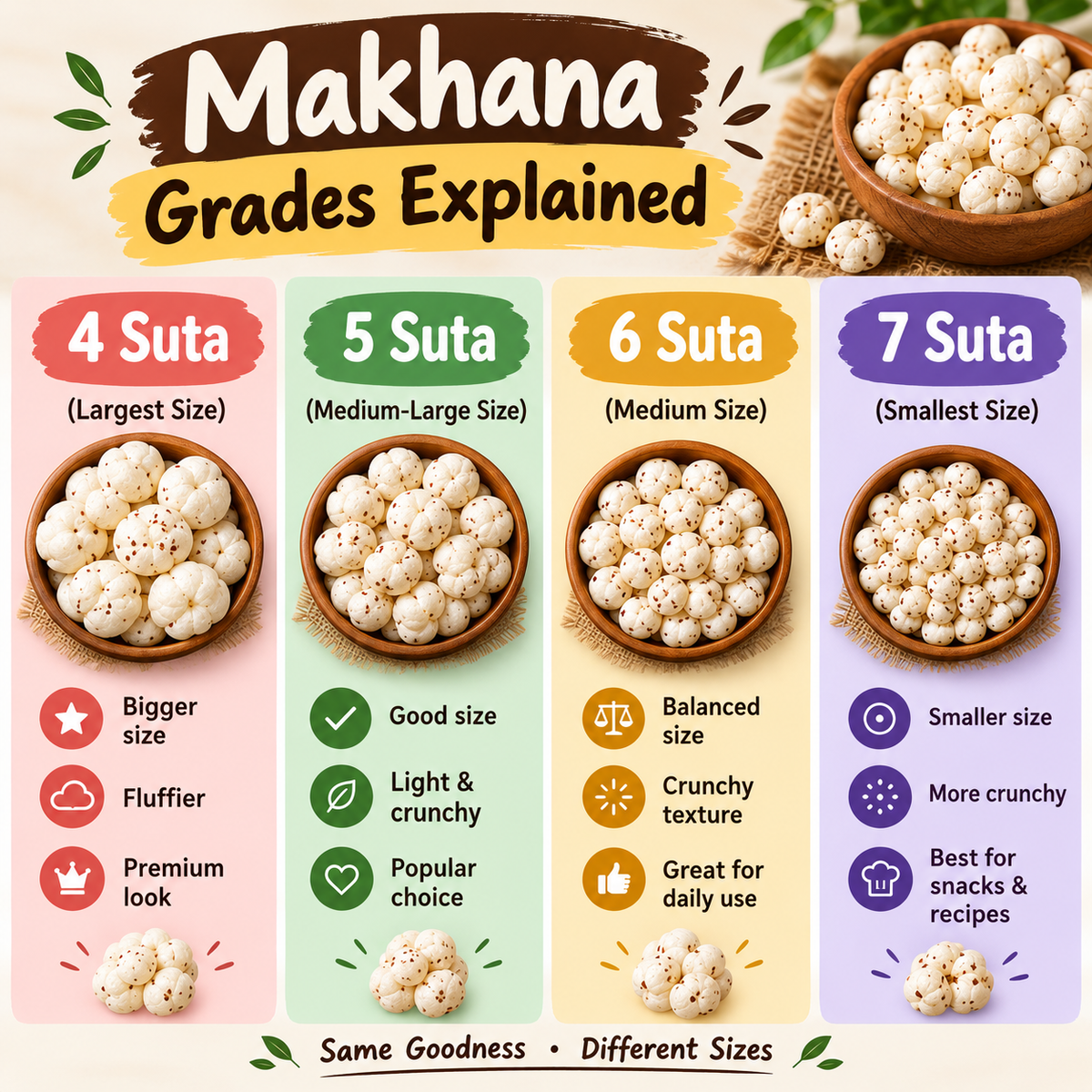 Makhana Grades Explained: 4 Suta, 5 Suta, 6 Suta and 7 Suta