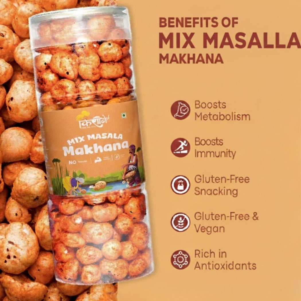 Packaged mix masala makhana with benefits listed on a brown background